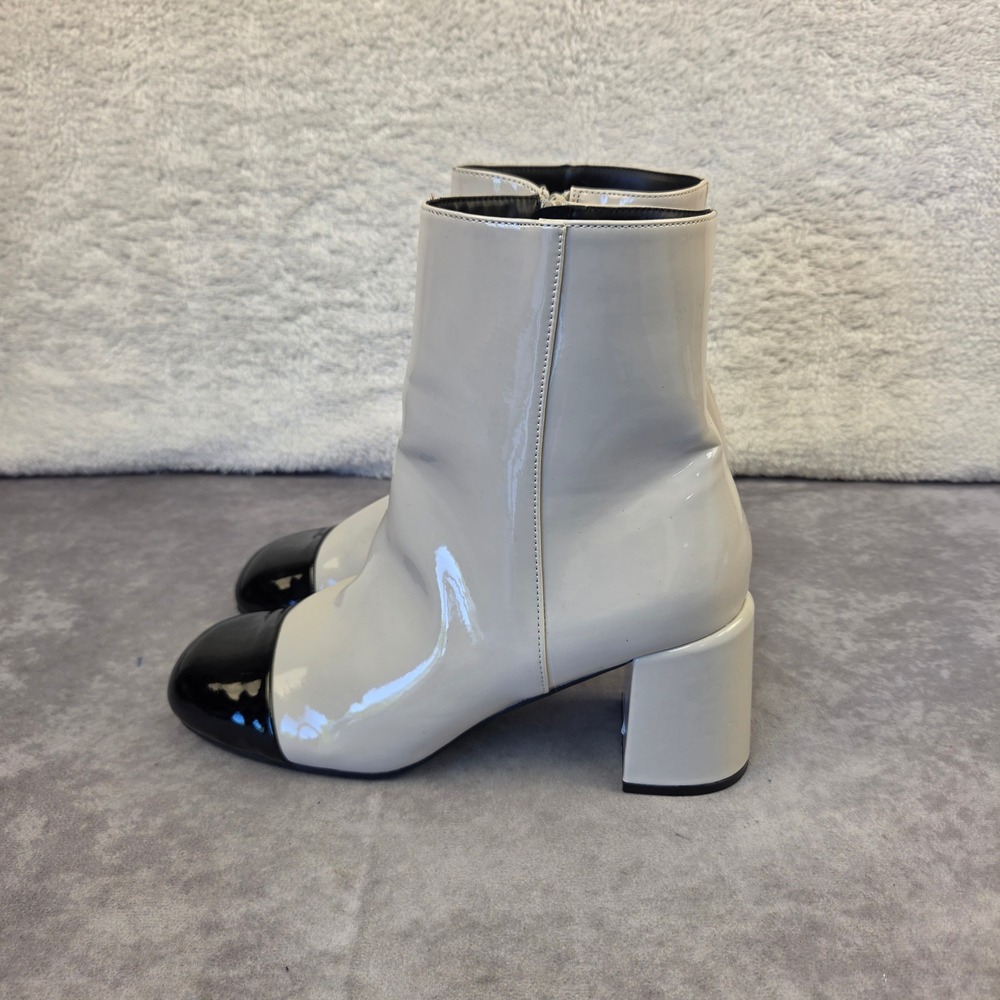 Shu Shop Valentina Patent Two Tone Cap Toe Block Heel Boots Cream Black Size 10